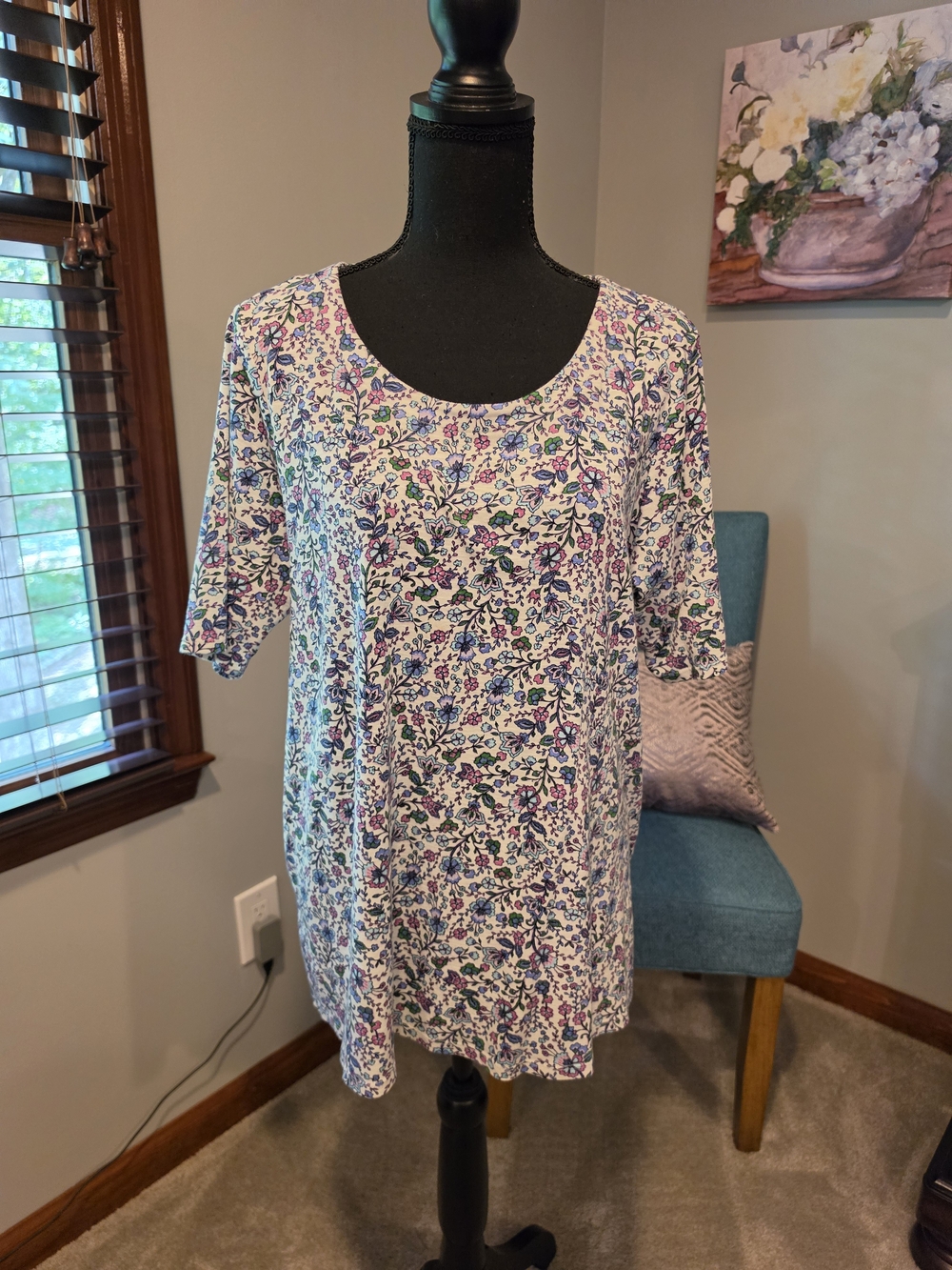 J. Jill White Short-Sleeve Scoop Neck Tee with Blue & Purple Floral Print